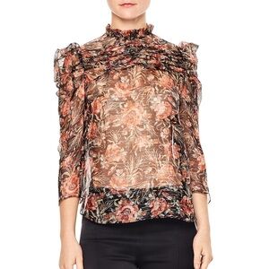 Sandro Amina Floral-Print Metallic-Stripe Top